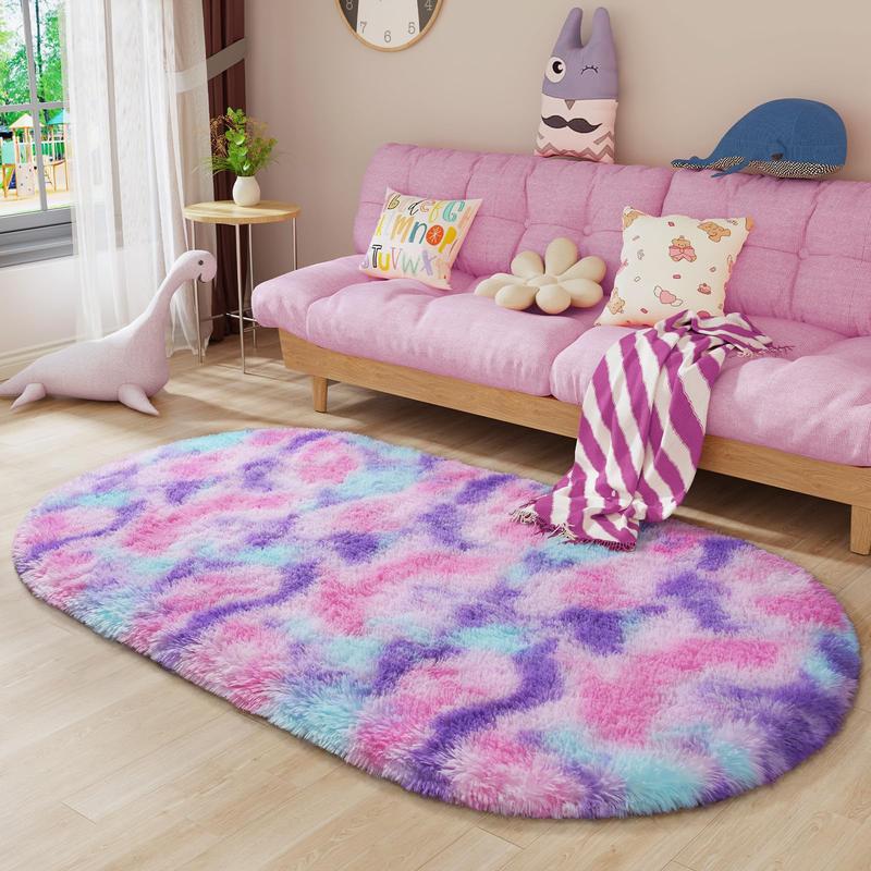 Round/Oval Rug Fluffy Soft Area Rugs for Princess Castle Plush Shaggy Carpet Cute Circle Nursery Rug for Kids Girls Bedroom Baby Room Home Decor Circular Carpet,Rainbow,Pink-purple,Blue-purple,2x5, 2.6x5.2,5x5, 6x6 Feet