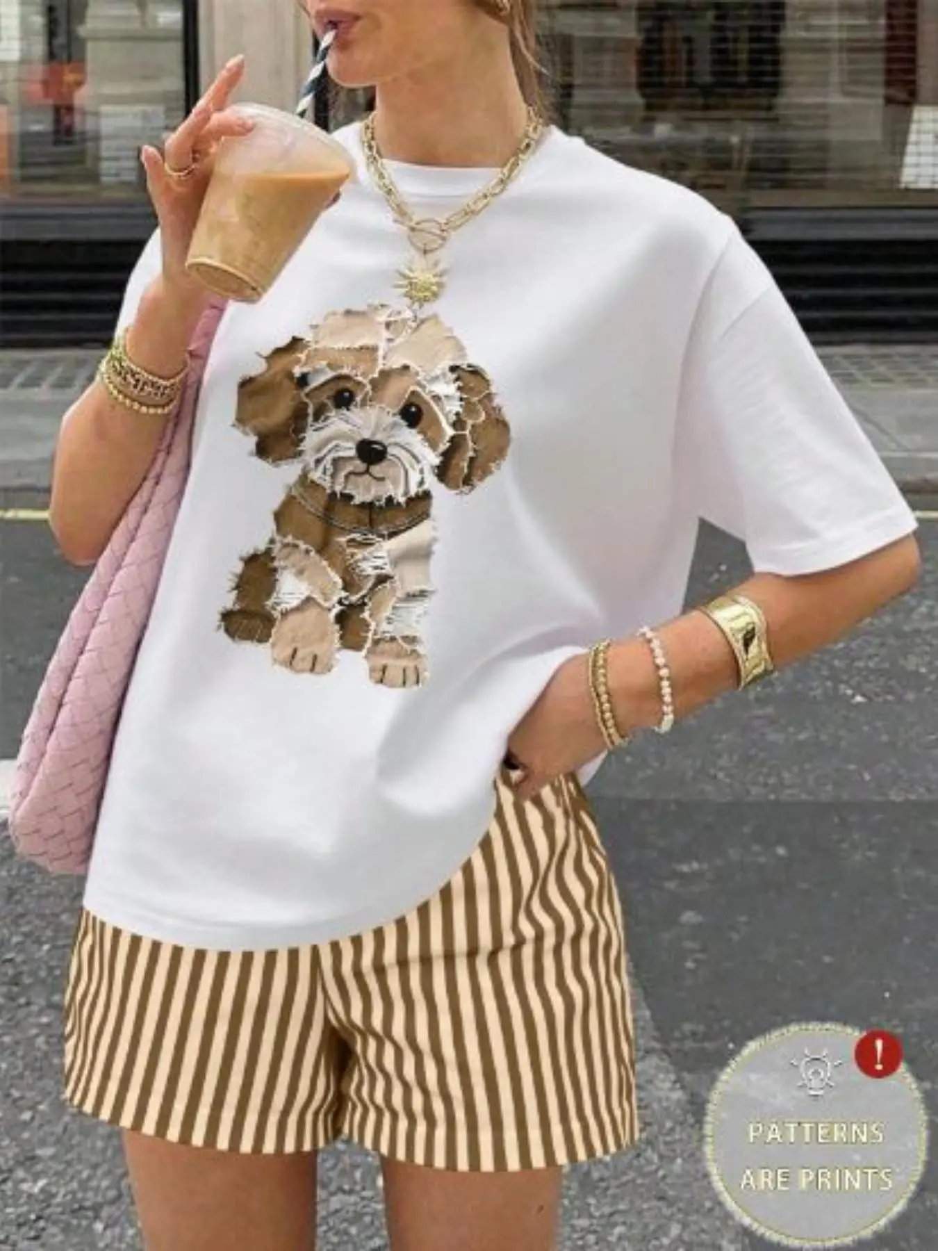 Summer New Women's Round Neck T-Shirt Set, Cute Dog Pattern, Short Sleeve Top & Striped Shorts, Loose-Fitting, No Pockets, Casual Style, Everyday