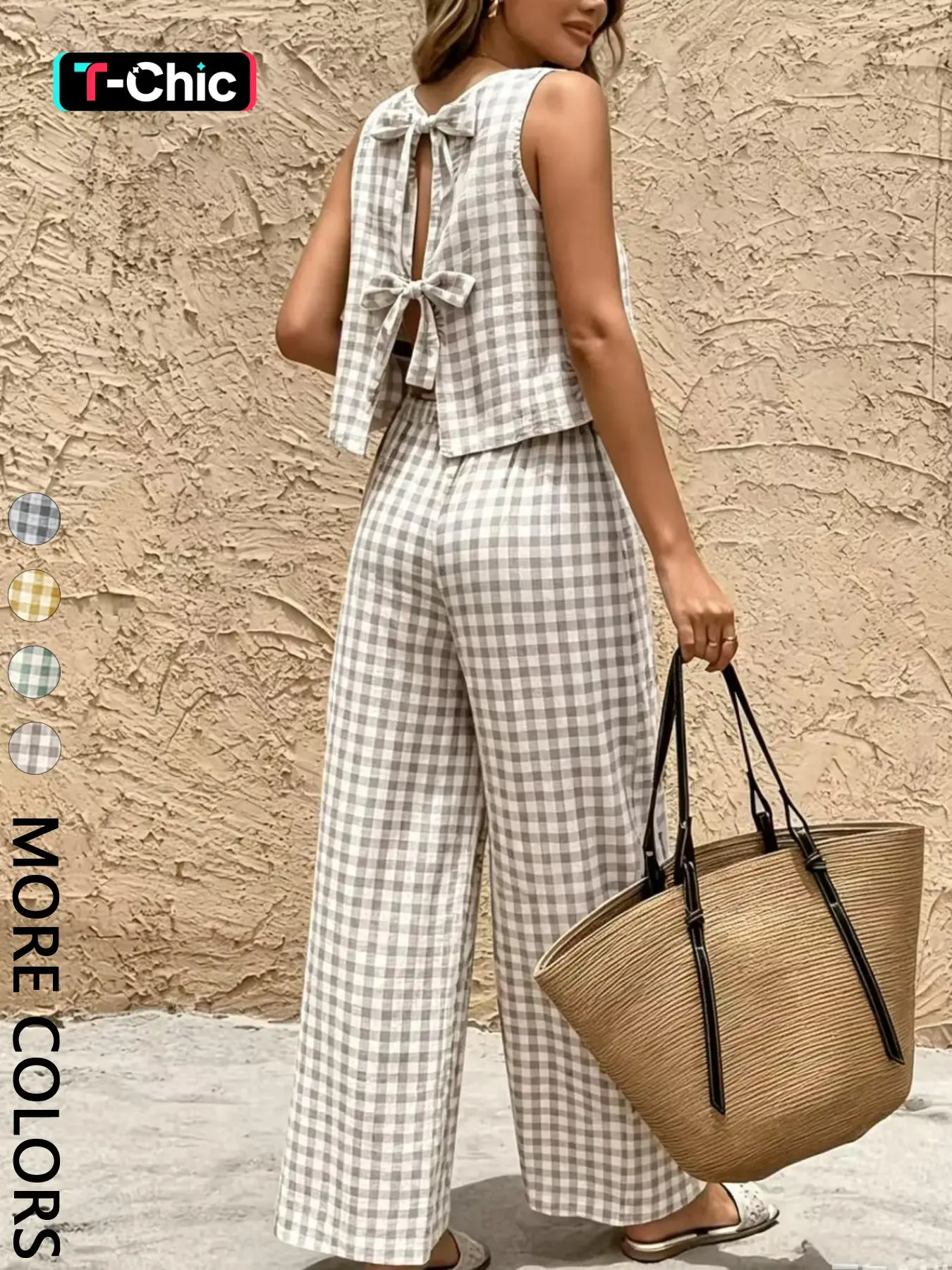 Women's 2-Piece Vintage Plaid Sleeveless Vest and Wide-Leg Pants Set, Elegant Chic Slim-Fit Long Pants, Summer Fashion Outfit