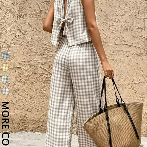 Women's 2-Piece Vintage Plaid Sleeveless Vest and Wide-Leg Pants Set, Elegant Chic Slim-Fit Long Pants, Summer Fashion, Two Pieces Sets