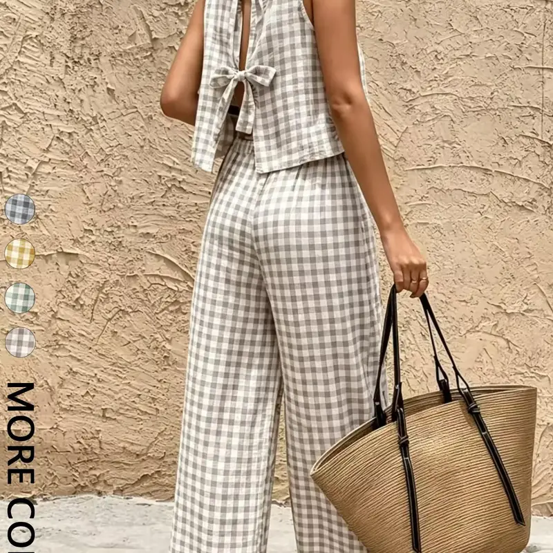 Women's 2-Piece Vintage Plaid Sleeveless Vest and Wide-Leg Pants Set, Elegant Chic Slim-Fit Long Pants, Summer Fashion, Two Pieces Sets