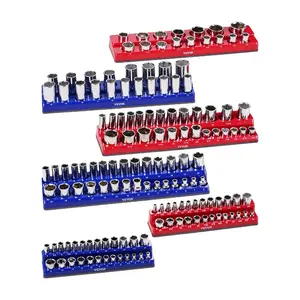 VEVOR Magnetic Socket Organizer Set, 8PCS Socket Holder, 1/4'', 3/8'' 1/2'' Metric SAE Socket Trays with Clear Labels, Hold up to 199PCS Standard Deep Sockets, Blaue Red (Sockets Not Included)