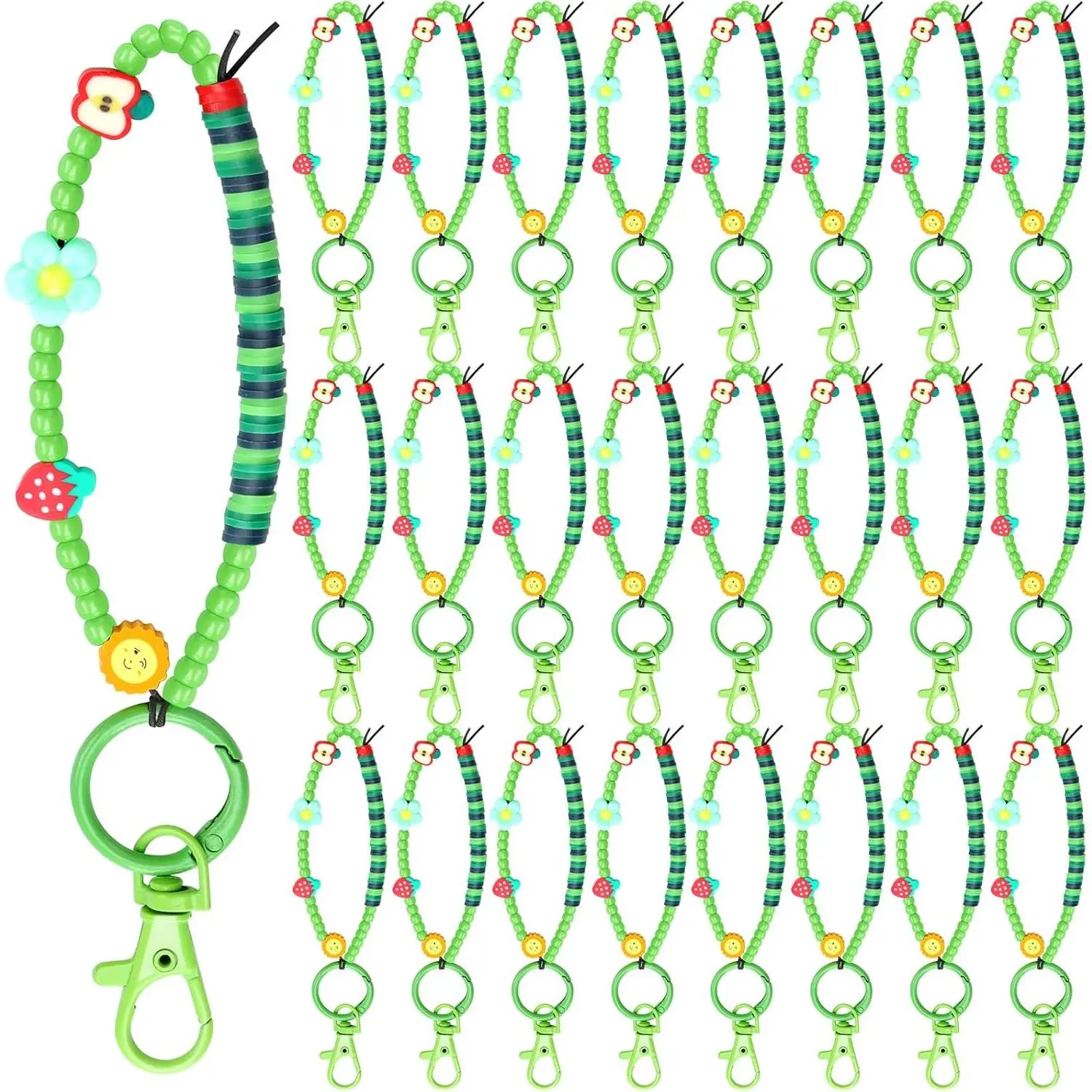 24 Pcs Caterpillar Keychains Bulk Cute Green Beaded Key Rings with Bracelet Design Caterpillar Themed Party Favor Supplies for Birthday Baby Shower Spring Classmates Gifts