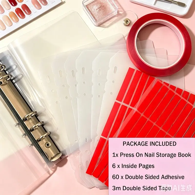 Press-Type Nail Storage Display Book Set, Comes with 6 Storage Pages, 60 Double-Sided Adhesive Tapes and 3M Tapes, Reusable & Detachable, Organizer Book for Classifying False Press-On Nails