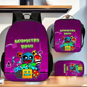 Geometric Sprint Colorful Game Little Monster Three-Piece Backpack Set with Pure Purple Background, includes a backpack, insulated lunch bag, and pencil case, suitable for teenagers' daily school use