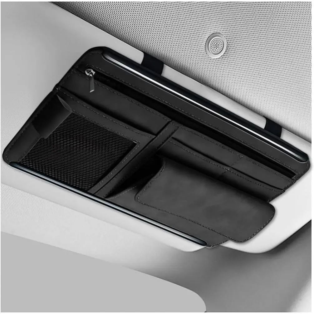 Sun Visor Organizer, Leather Sun Visor Pocket Organizer Case with Multi-Pocket Net Zipper, Suede Note Holder  Visor Storage Pouch for Card Pen Sunglasses Document (Black)