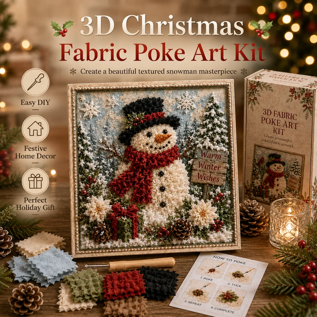 3D Christmas Fabric Poke Art Kit, DIY Snowman Embroidery Craft Kit, Handmade Holiday Wall Decor, Creative Christmas Decoration Gift for Adults & Beginners
