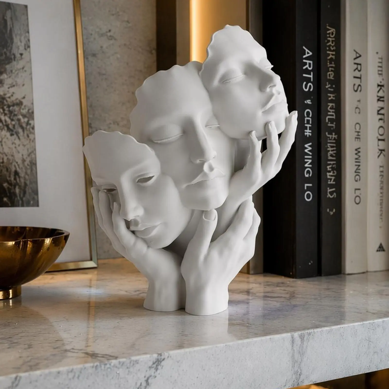 Abstract Three Faces Sculpture Matte White 3D Printed Statue Modern Nordic Home Decor Hands Cradling Face Mask Figurine Minimalist Coffee Table Bookshelf Accent Greek Mythology Inspired Aesthetic Room Ornament Unique Art Lover Gift