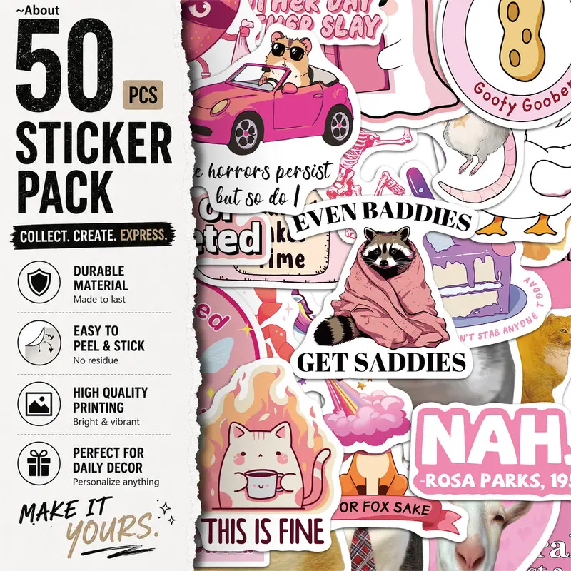 50PCS pink funny Aesthetic Vinyl Stickers Pack for Laptop Water Bottle Phone Case Skateboard Journal Scrapbook DIY Decoration