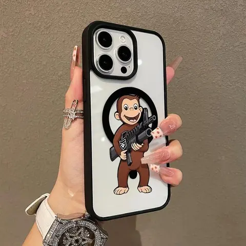 Multi-Model MagSafe Magnetic Snap-On Cellphone Smartphone Casing - Premium Shockproof Protector Cover with Playful Primate Art, Funny Stickers, Printing (Black-QXE715M73512, QXE715) Fits iPhone 17 Air, 16, 15, 14 Pro Max, 13, 12 Plus