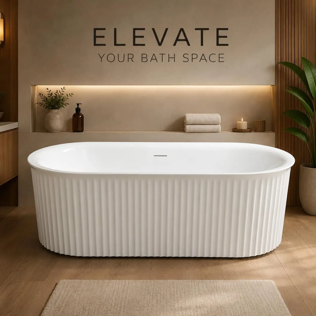 Modern 69-Inch Freestanding Acrylic Bathtub – Deep Oval Soaking Tub with Ribbed Fluted Exterior & Elegant Rolled Rim for Contemporary Bathrooms