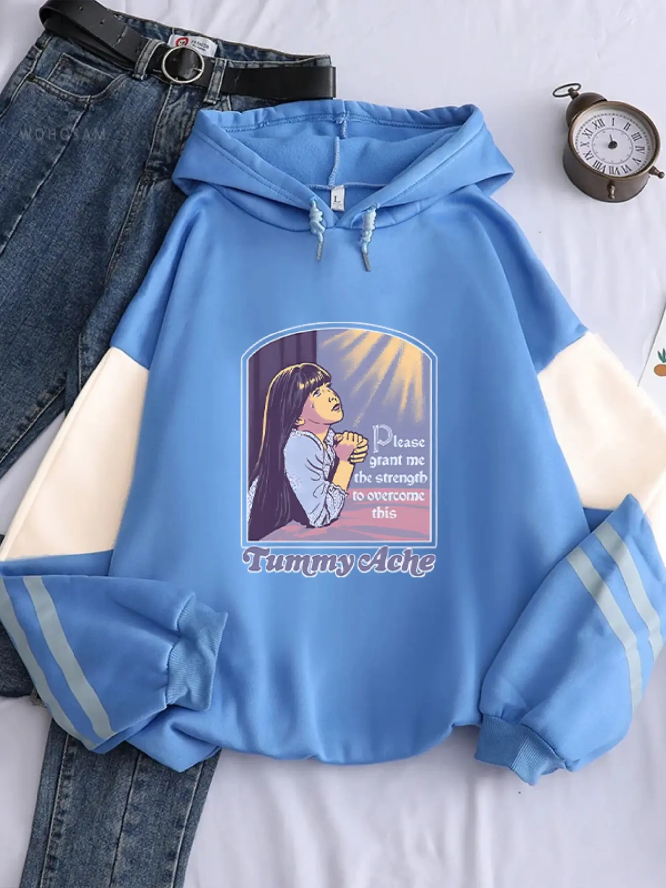 Funny Retro Prayer Long Sleeve Hoodie, Unisex Loose Fit Casual Fashion, Fall & Winter Reflective Patchwork Sweatshirt