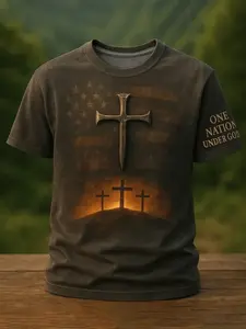 Summer Men's Short Sleeve T-Shirt, 3D Cross Digital Print, Faith Element Trendy Casual Fashion Breathable Top, Slim-Fitting All Seasons Wear