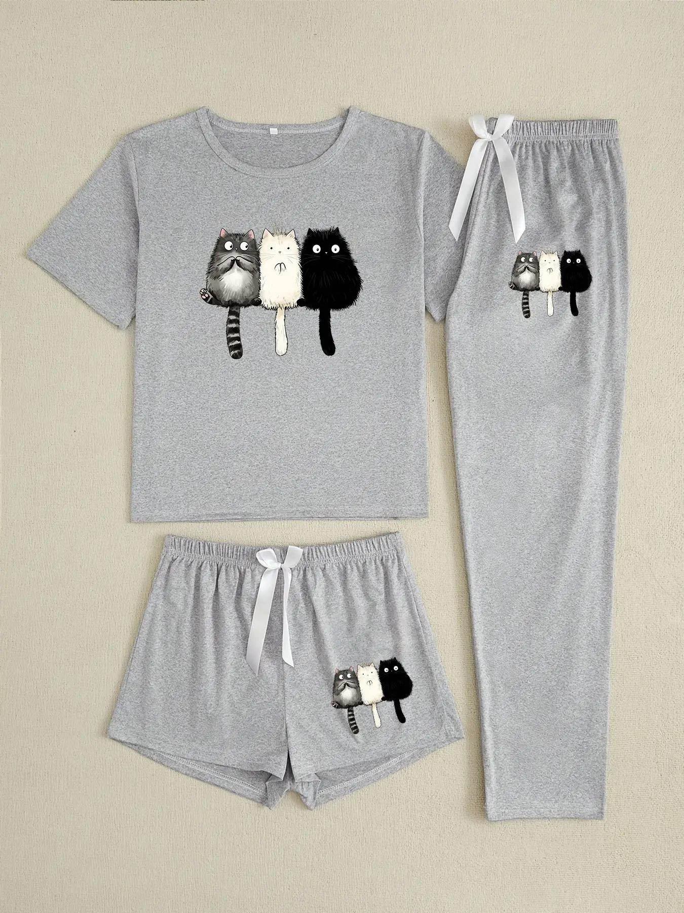 Three-Piece Pajama Set for Women, Cartoon Cat Print, Loose-Fitting, Casual Style, All Season Wear, Comfortable Sleepwear