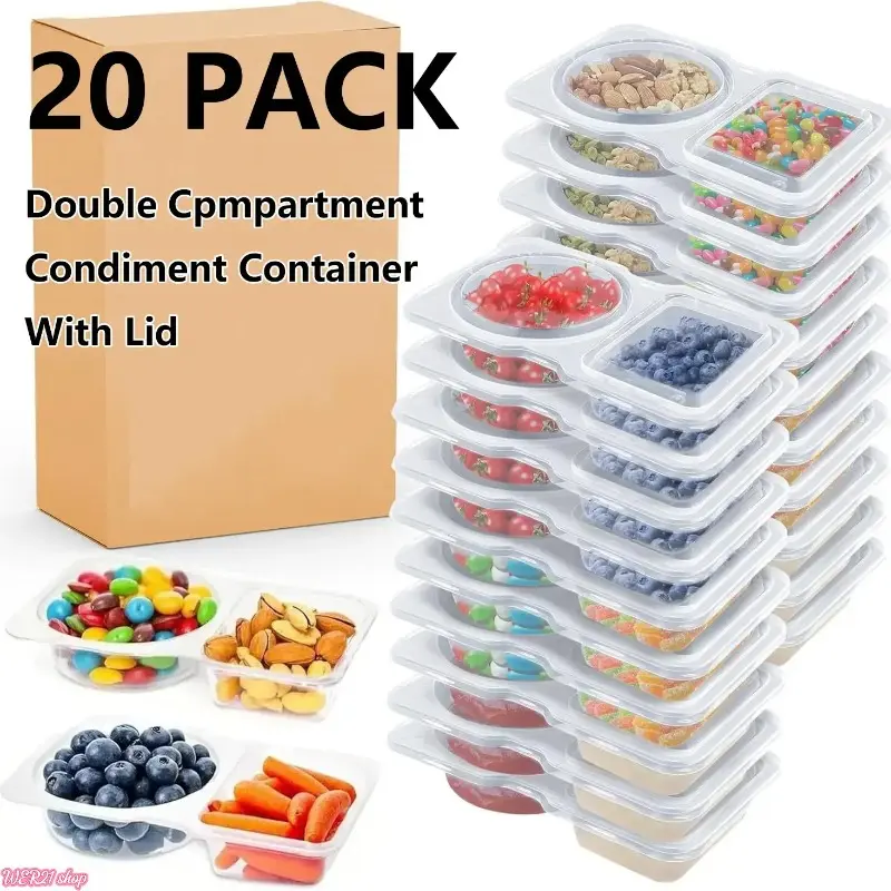 [camping essentials]20 Pack Double Compartment Condiment Containers with Lid Disposable Dipping Container Refriged Takeaway Sauce Dip Case Storage for Outdoor Sampling Travel Picnic Take-out