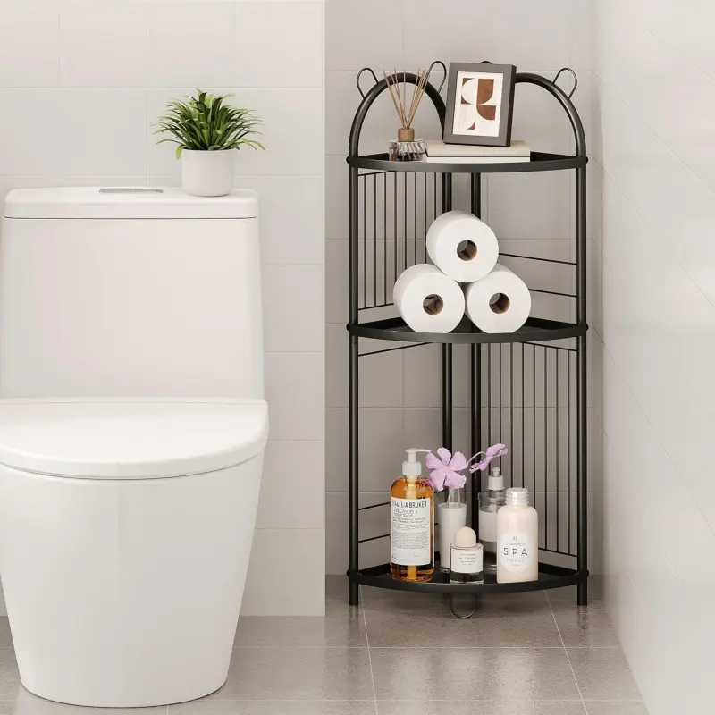 Corner Bathroom Shelf Metal Short Corner Stand Shelf Black Small Bathroom Storage Corner Shelf Unit for Toilet Shower Room 3 Tier
