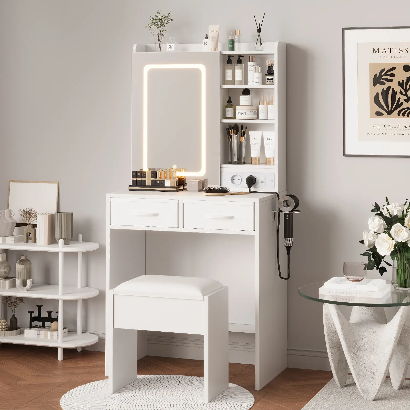 【Summer Sale】Vanity Desk with Mirror and Lights, Makeup Vanity Table Set with Charging Station and Stool, Vanity Desk with Drawers, Power Outlets, USB Ports, and LED Light Mirror for Bedroom