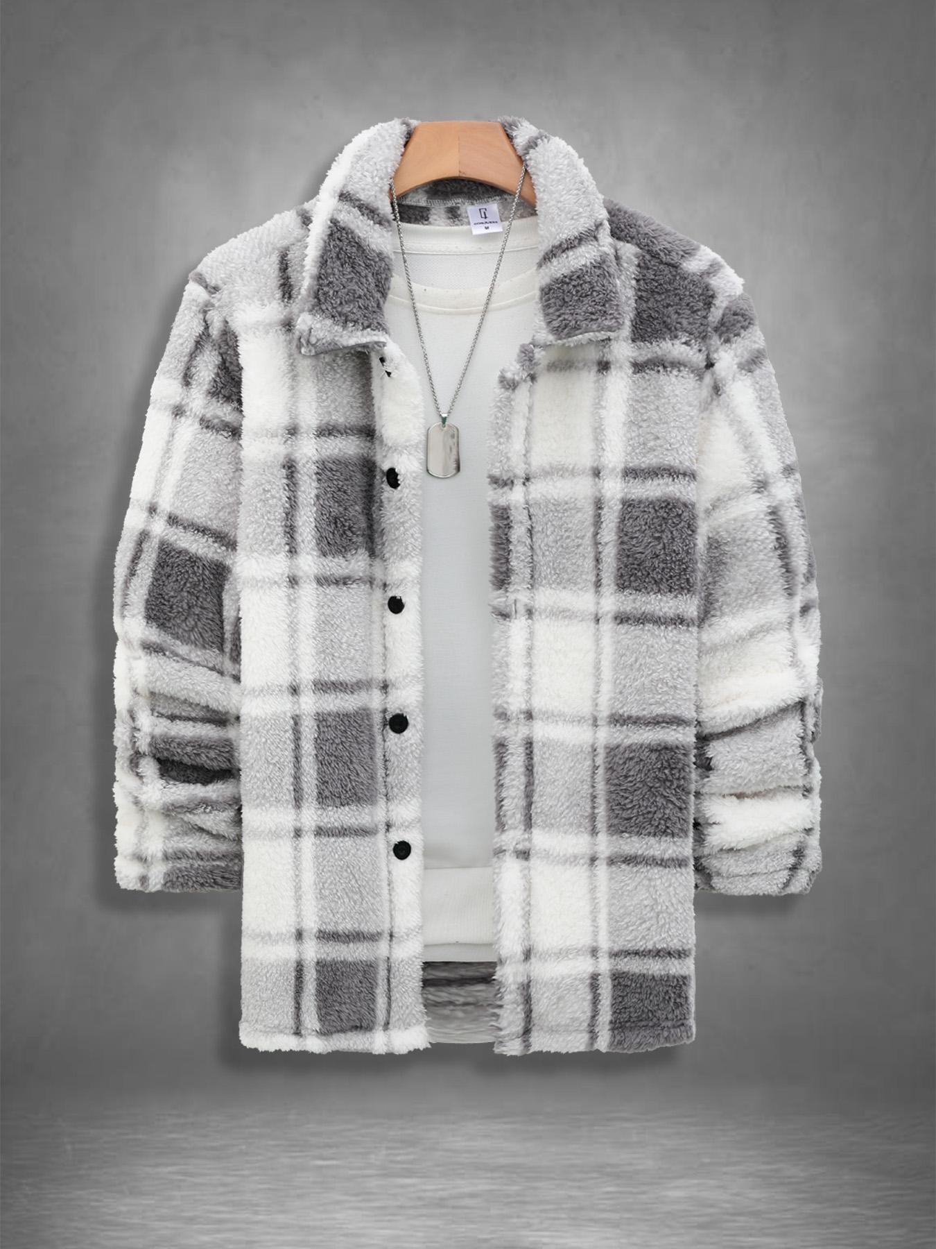 Men's Plaid Print Button Front Fuzzy Lounge Jacket, Casual Long Sleeve Collared Outerwear for Fall & Winter, Men's Sleepwear for Daily Wear, Casual Style Outerwear, Casual Fitted Jacket