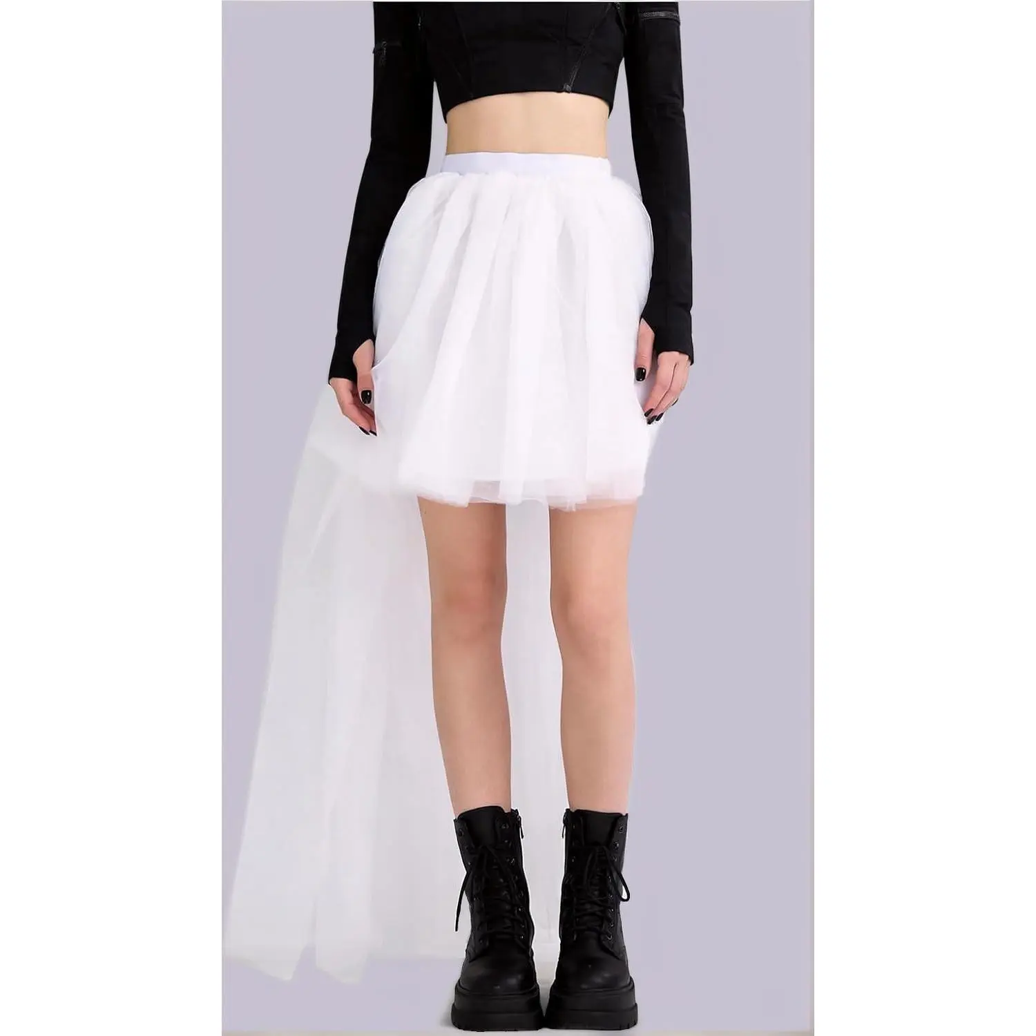 Women High Low Tutu Tulle Bustle Skirt Elastic Waist Dovetail Skirts for Wedding Party Performance