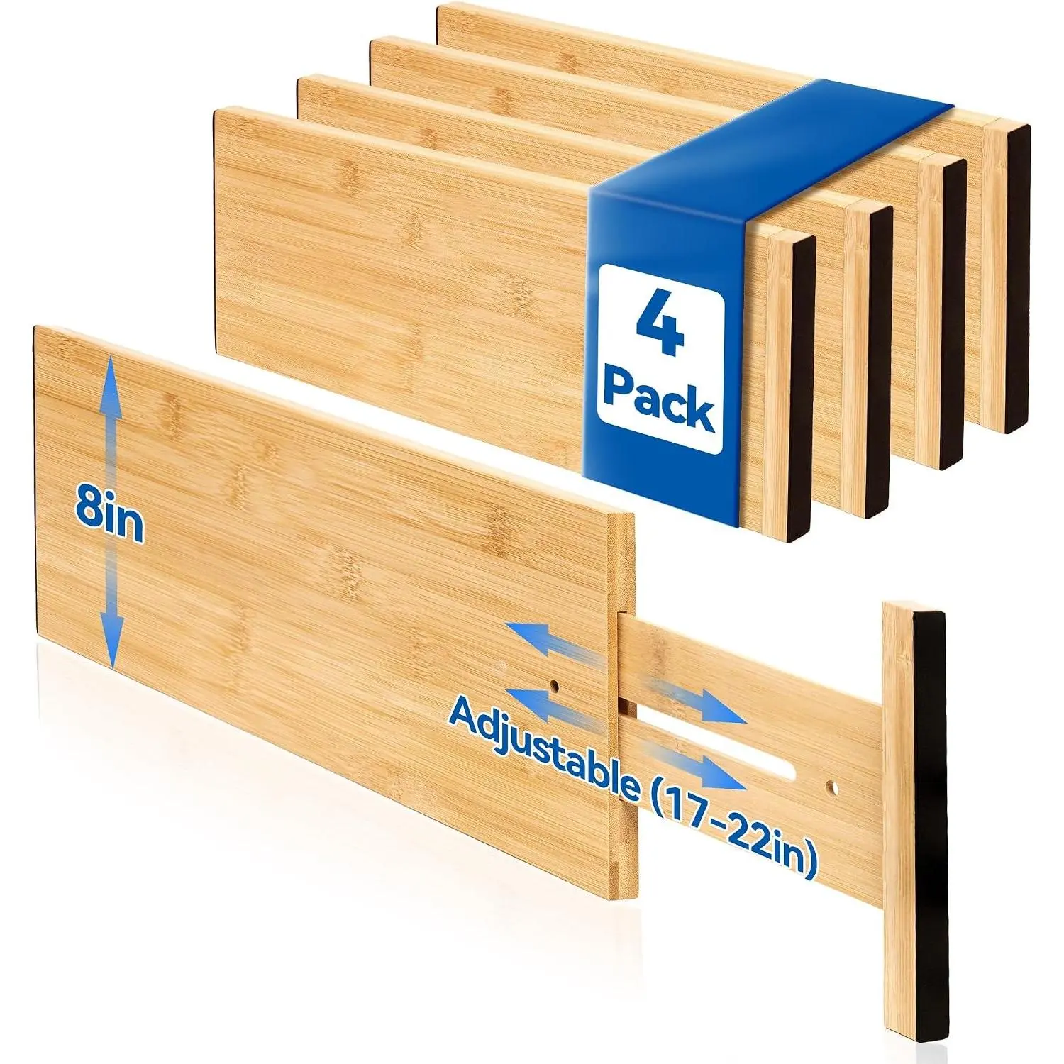 4 Pack Deep Drawer Dividers, 8" High Bamboo Expandable Drawer Organizers, 17-22" Adjustable Tension Separators, Large Drawer Dividers for Kitchen, Bedroom Dresser, Baby Nursery & Bathroom