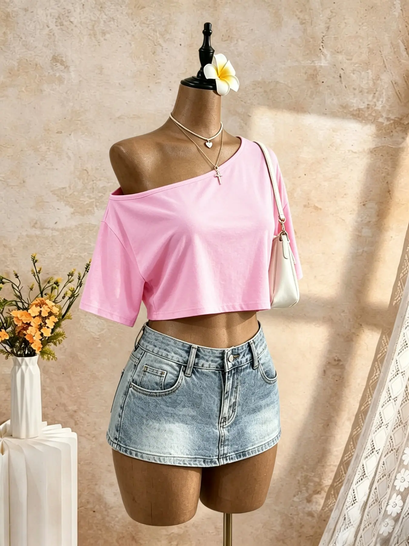 Asymmetrical One-Shoulder Short Sleeve T-Shirt, Y2K Street Style, Loose Fit, Elastic Waist, Summer Casual Top, Women's Fashion