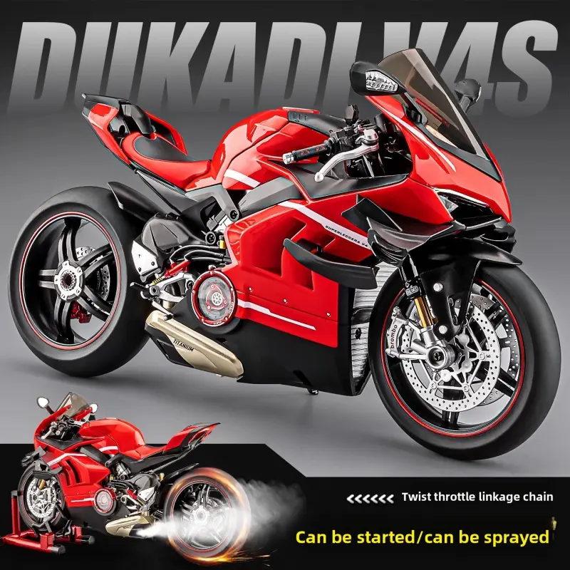 1:7 Scale Ducati V4 SP Alloy Motorcycle Model Realistic Racing Details Engine Start Sound Dual Exhaust Smoke Professional Stand for Adult Collectors Gift Item