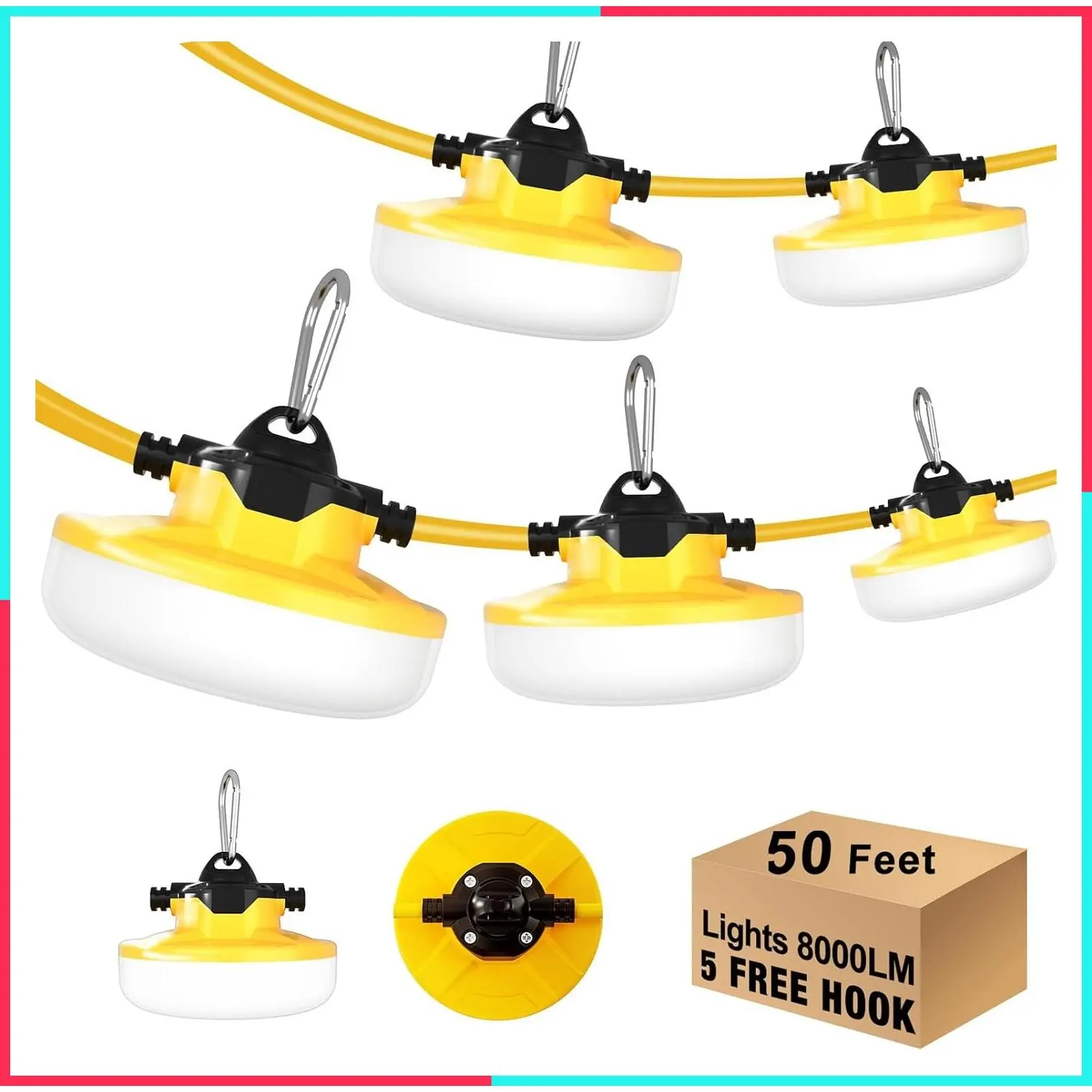 50FT LED Construction String Light, 65W 8000Lm Industrial Work Lights with 5 Bulbs, 5000K Linkable Temporary Lighting for Construction Site, Job Site, Attic, Crawl Space