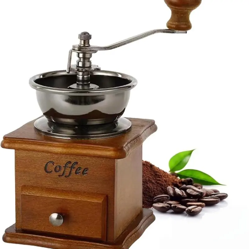 Retro wooden manual coffee grinder, portable hand-crank coffee bean grinder, with storage drawer, adjustable grinding fineness, suitable for camping, traveling, home and office coffee brewing