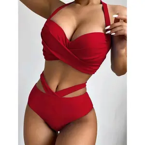 Women's 2pcs Plain Halter Swimsuit, Elegant Casual Knot Backless Swim Top & Cut Out Swim Bottoms, Summer Swimwear Sets for Beach, Halter Bikini Set, Halter Neck Bikini, Criss cross swimsuit