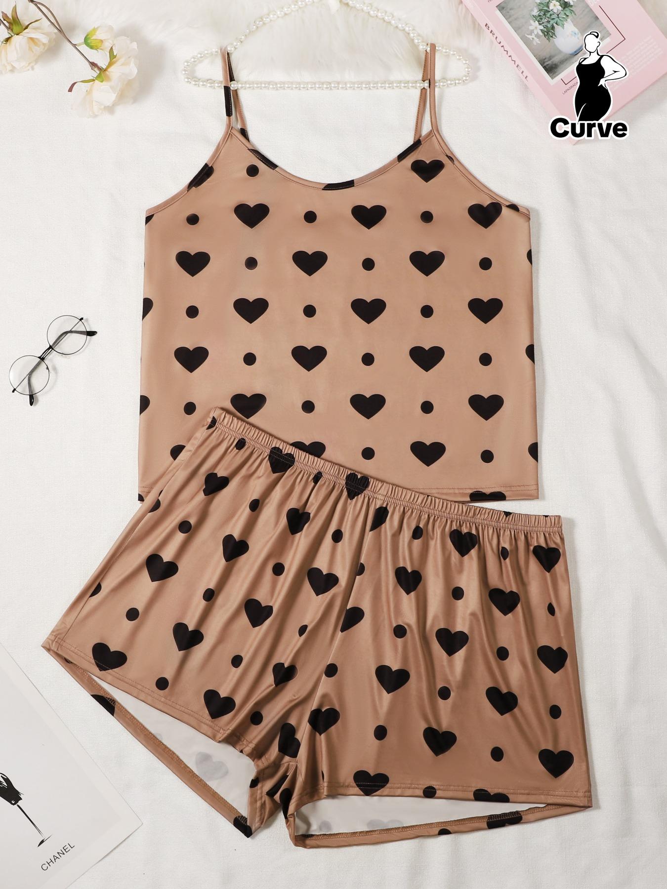 【Plus Size】 Heart Polka Dot Print Pyjama Set, Casual Spaghetti Strap Cami Top & Elastic Waist Shorts Pj Set, Women's Sleepwear & Loungewear