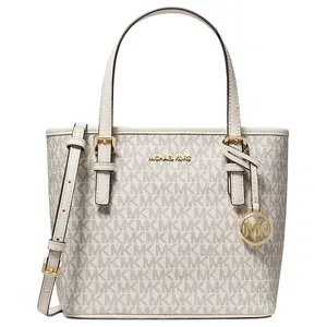 Michael Kors MK Jet Set Travel Tote Bag for Women – Classic Elegant Monogram Mix Design with Matte Leather Trim, Cream White