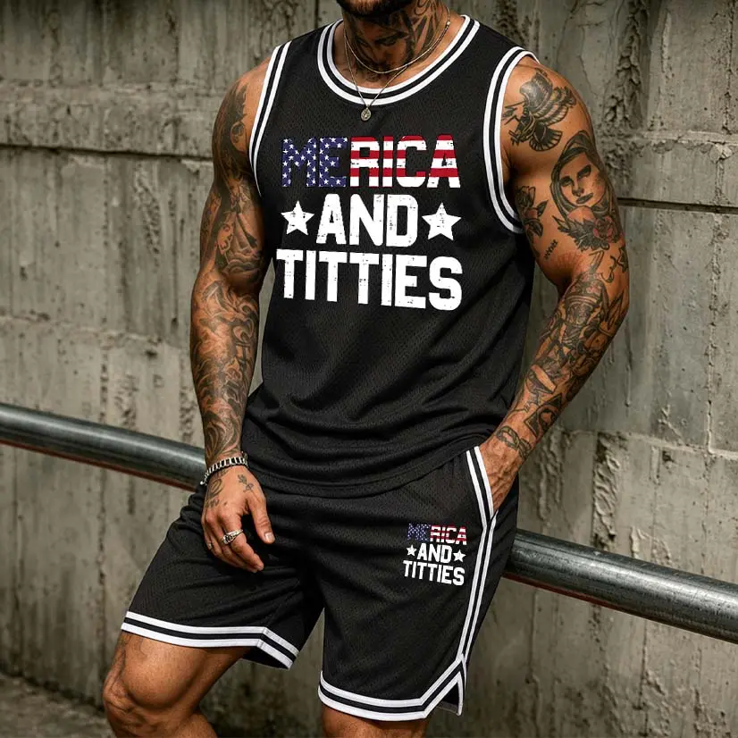 Men's "Merica And Titties" 2-Piece Athletic Set - Mesh Basketball Jersey & Shorts, Athletic Wear with Quick-Dry, Color Block, Loose Fit, Drawstring, Lightweight Breathable Professional Sportswear