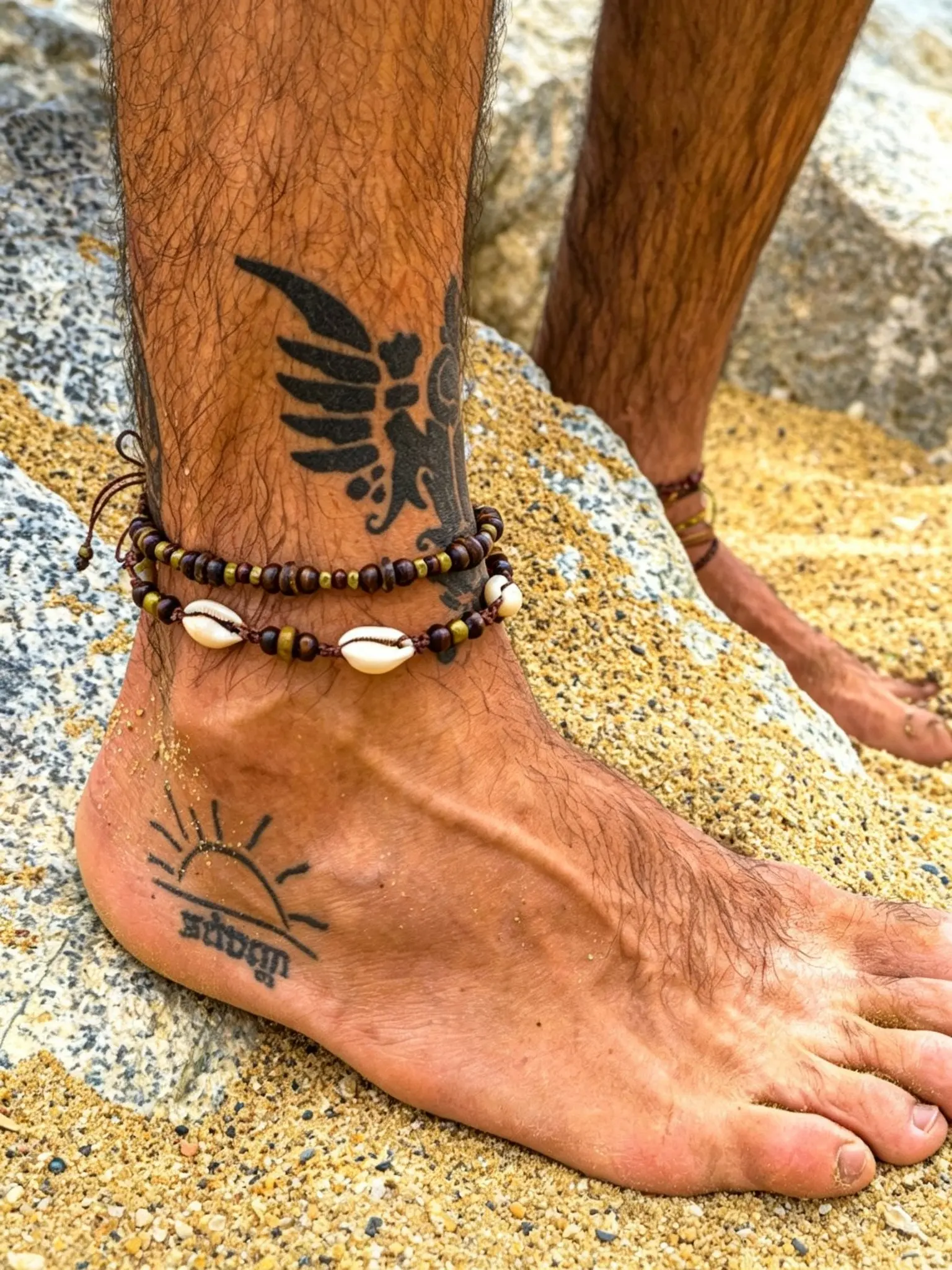 Men's Bohemian Shell Anklet, Adjustable Wooden Bead Ankle Chain, Summer Beach Surf Foot Jewelry, Hippie Style Vacation Footchain