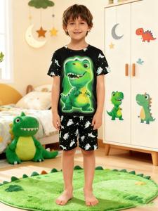 boy's dinosaur print crew neck tee & elastic waist shorts pajamas, casual comfy round neck short sleeve t-shirt & shorts pj set, kids sleepwear for summer, pajamas, pajama lounge sets, soft casual pajamas