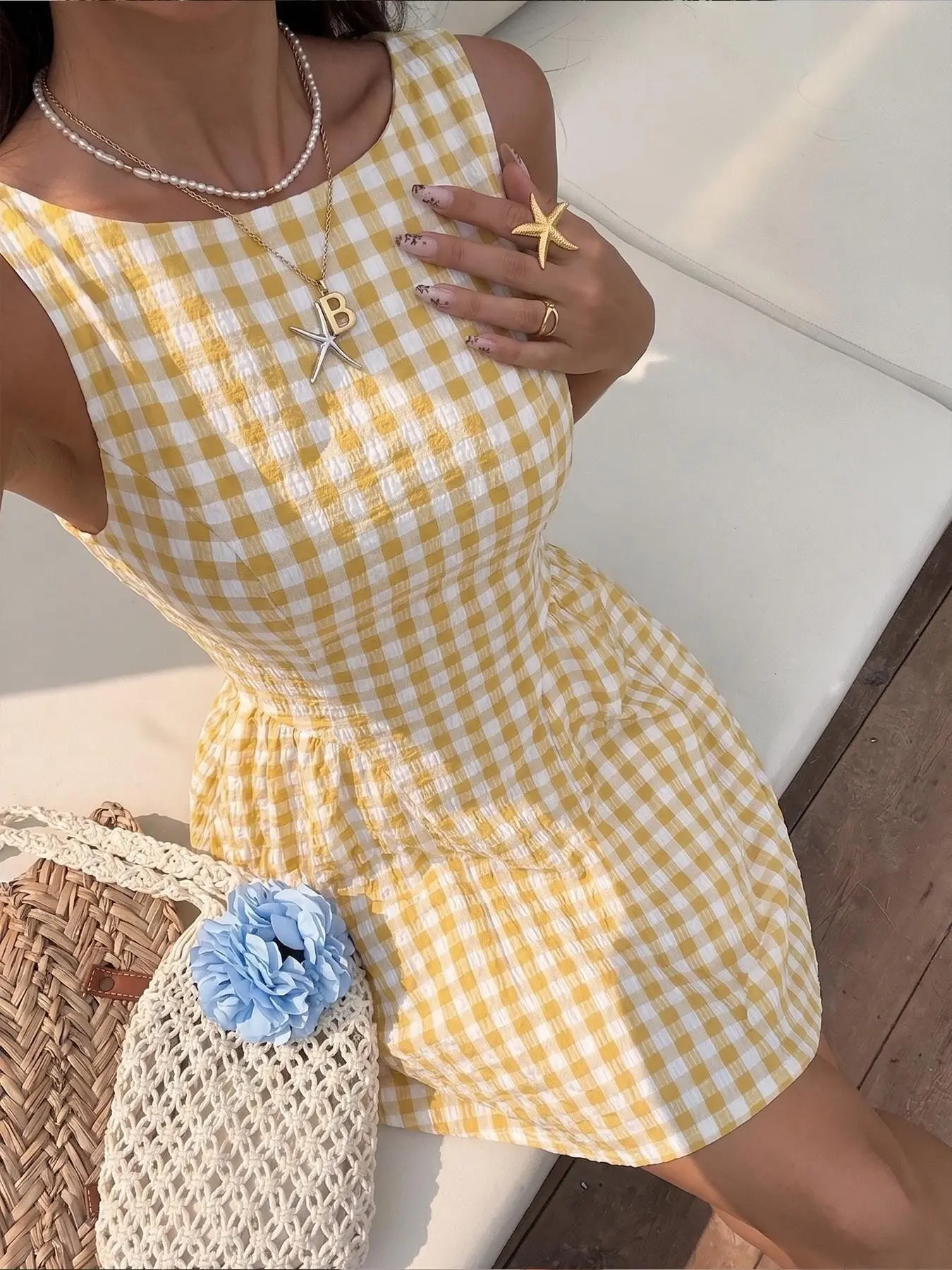 Women’s Yellow Gingham Sleeveless Mini Dress, Halter Neck High Waist Pleated A-Line Short Dress, Casual Preppy Elegant Summer Dress Piece for Daily & Vacation A Line Dresses