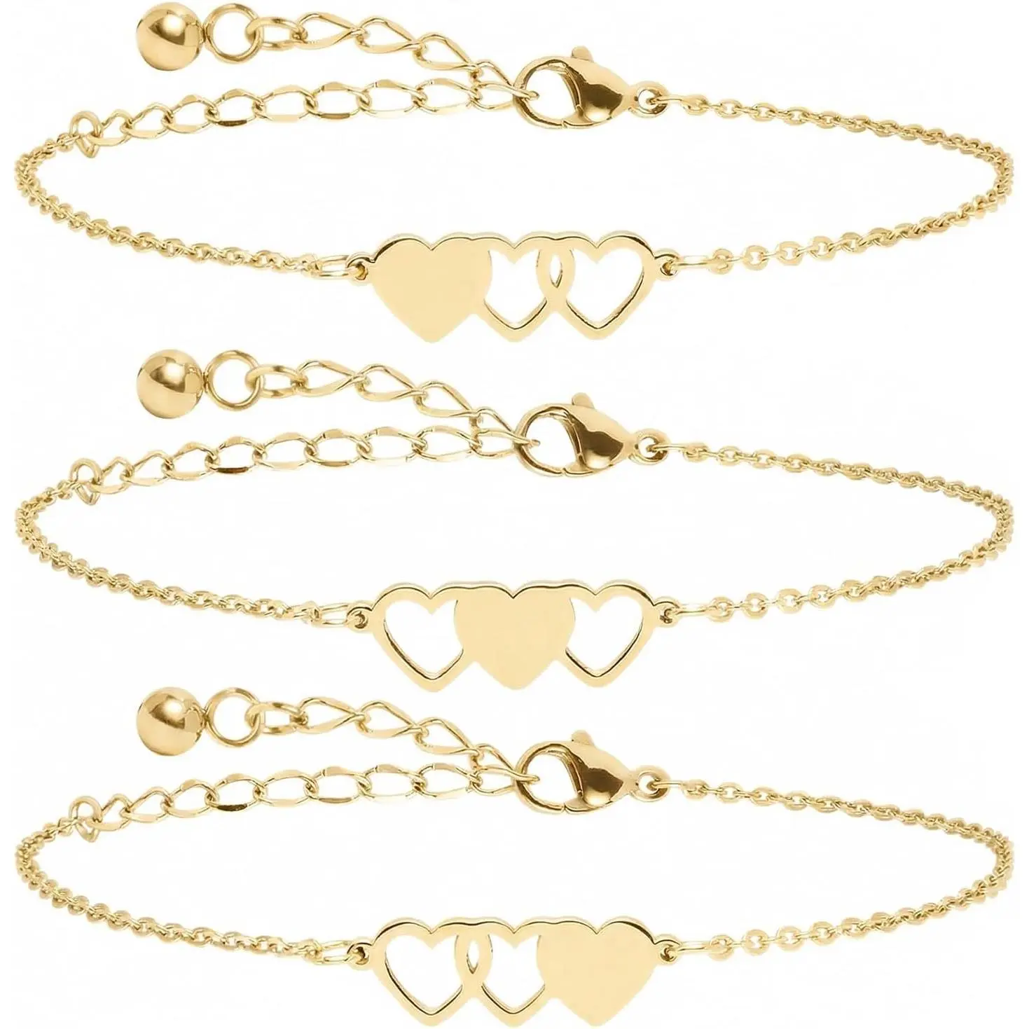 2 & 3 count Triple Heart Link Sister BFF Bangle Bracelet Set | Matching Bestie Friendship , Mother's Day Graduation Gifts for Women Teengirls