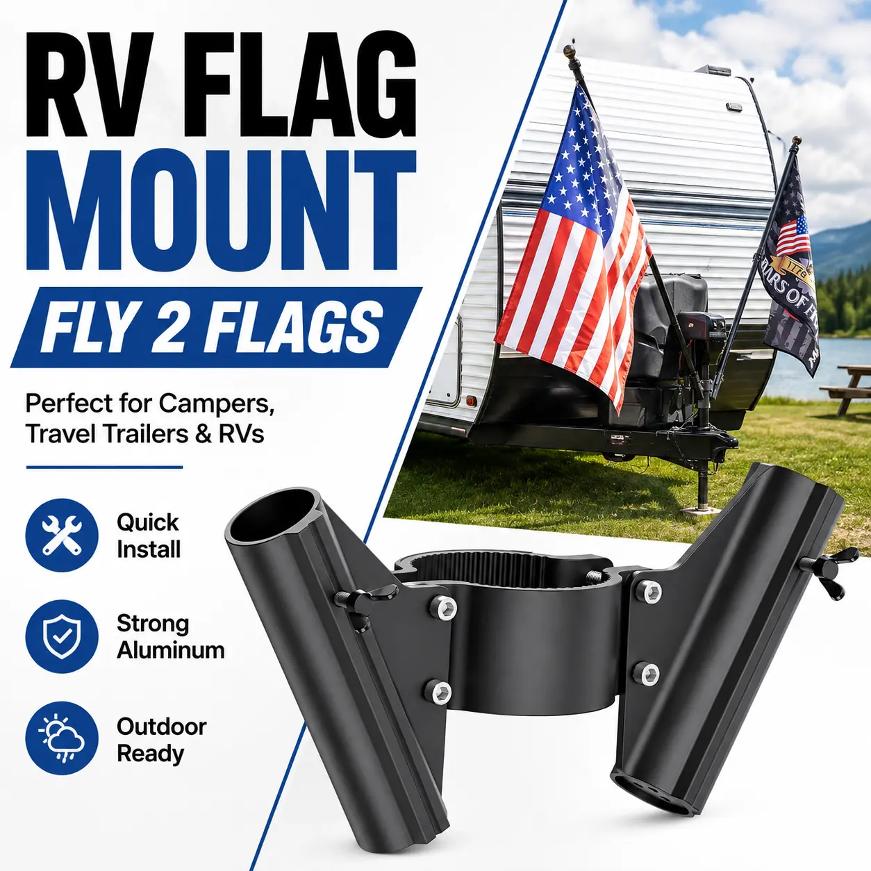 Heavy-Duty Alum. Dual Flag Pole Holder with Drain Holes & Balanced Look for RV Trailer Tongue Jack, Flag Display Bracket for RV Owners, Campers & Outdoor Adventures