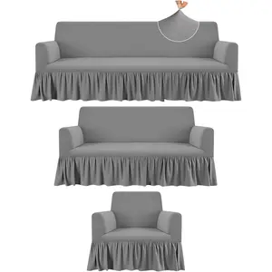3 count Sofa Slipcover Set for Couch Cushion Durable Washable High Elastic Stretchable Furniture Couch Covers with Skirt for Sofa Loveseat Arm Chair(Gray,Milk Silk)