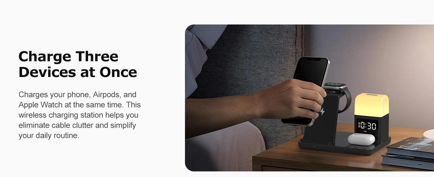 Wireless Charging Station Alarm Clock with 8 Touch Night Lights: 5 in 1 Charger Stand for Apple Devices - Charging Dock for iPhone 17 16 15 14 13 12 Pro Max Plus/Apple Watch/AirPods, Dimmable