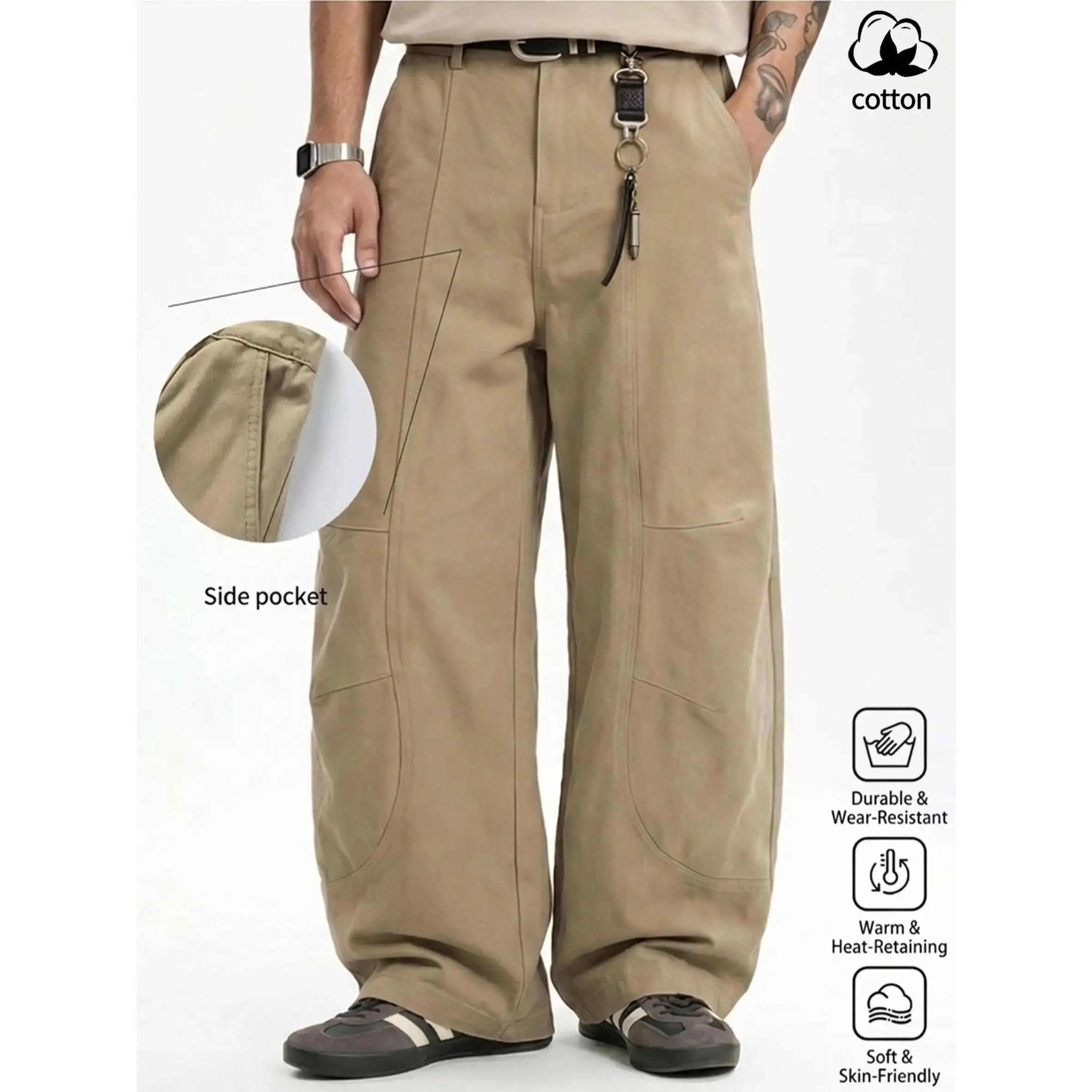 Men's Street Style Cargo Pants in Cotton Twill, Loose Wide-Leg Fit with Stylish Curved Seams and a Half-Elastic Waist, Menswear