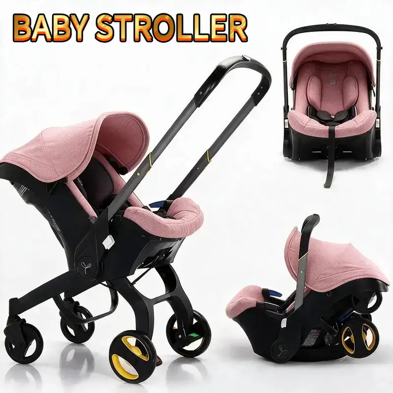 4 In 1 Multifunctional Baby Stroller, No Latch Base, 2-Way Push, 5-Point Seat Belt with Chest Clip, Shock-Absorbing Wheels, One Click Fold, Travel Friendly Portable Lightweight Convertible Bassinet Cradle Infant Carrier for Newborn Toddler, Pink & Black