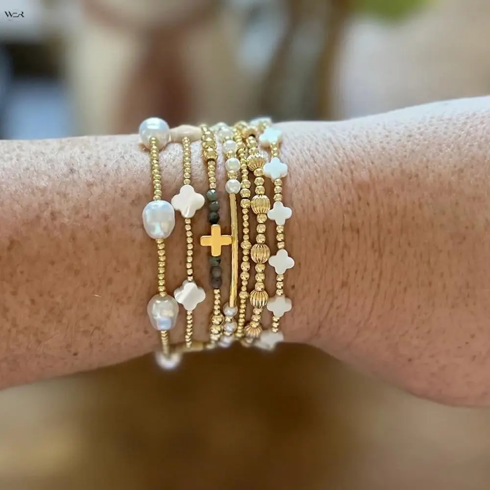 7Pcs Dainty Gold Beaded Stack Bracelet Set, Baroque Pearl Four-Leaf Clover Cross Stone Stretch Wrist Bands, Minimalist Multi-Layer Daily Stack Jewelry for Women