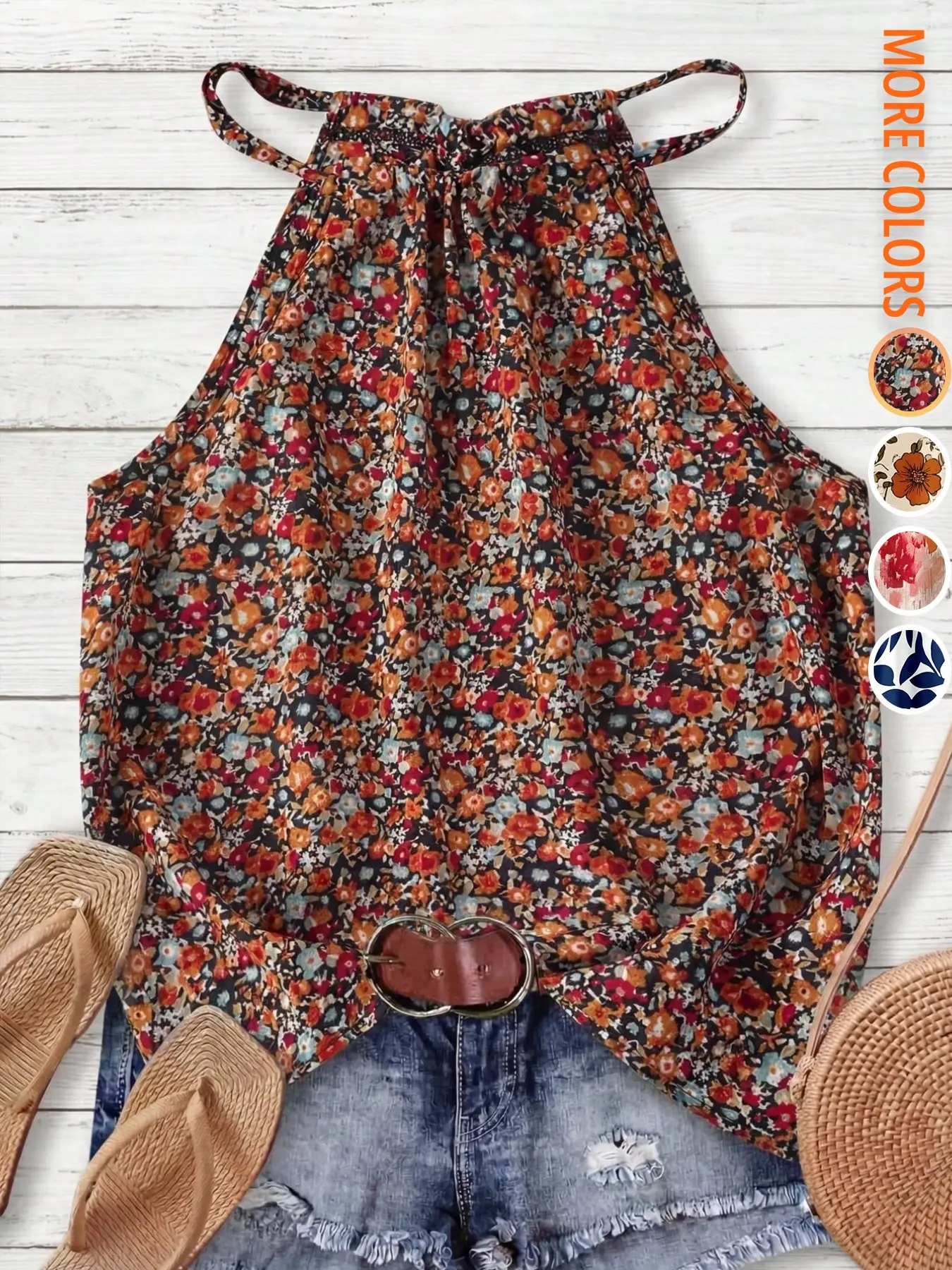 Women's Floral Casual Elegant Commuter Halter Neck Drawstring Tie Shirt T-Shirt, Comfortable and Stylish Daily Wear Top