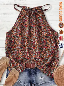 Women's Floral Casual Elegant Commuter Halter Neck Drawstring Tie Shirt T-Shirt, Comfortable and Stylish Daily Wear Top