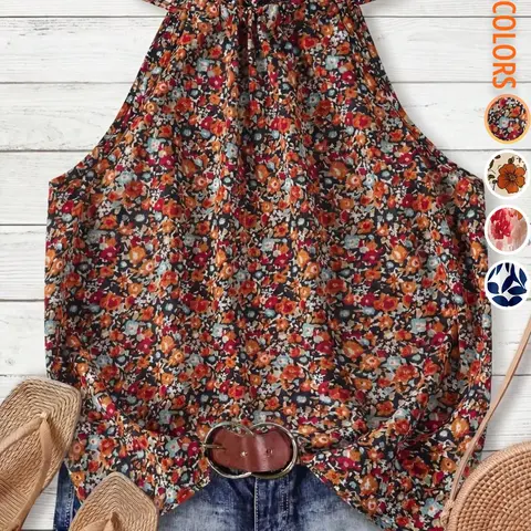 Women's Ditsy Floral Casual Elegant Commuter Halter Neck Drawstring Tie Shirt T-Shirt, Comfortable and Stylish Daily Wear Top