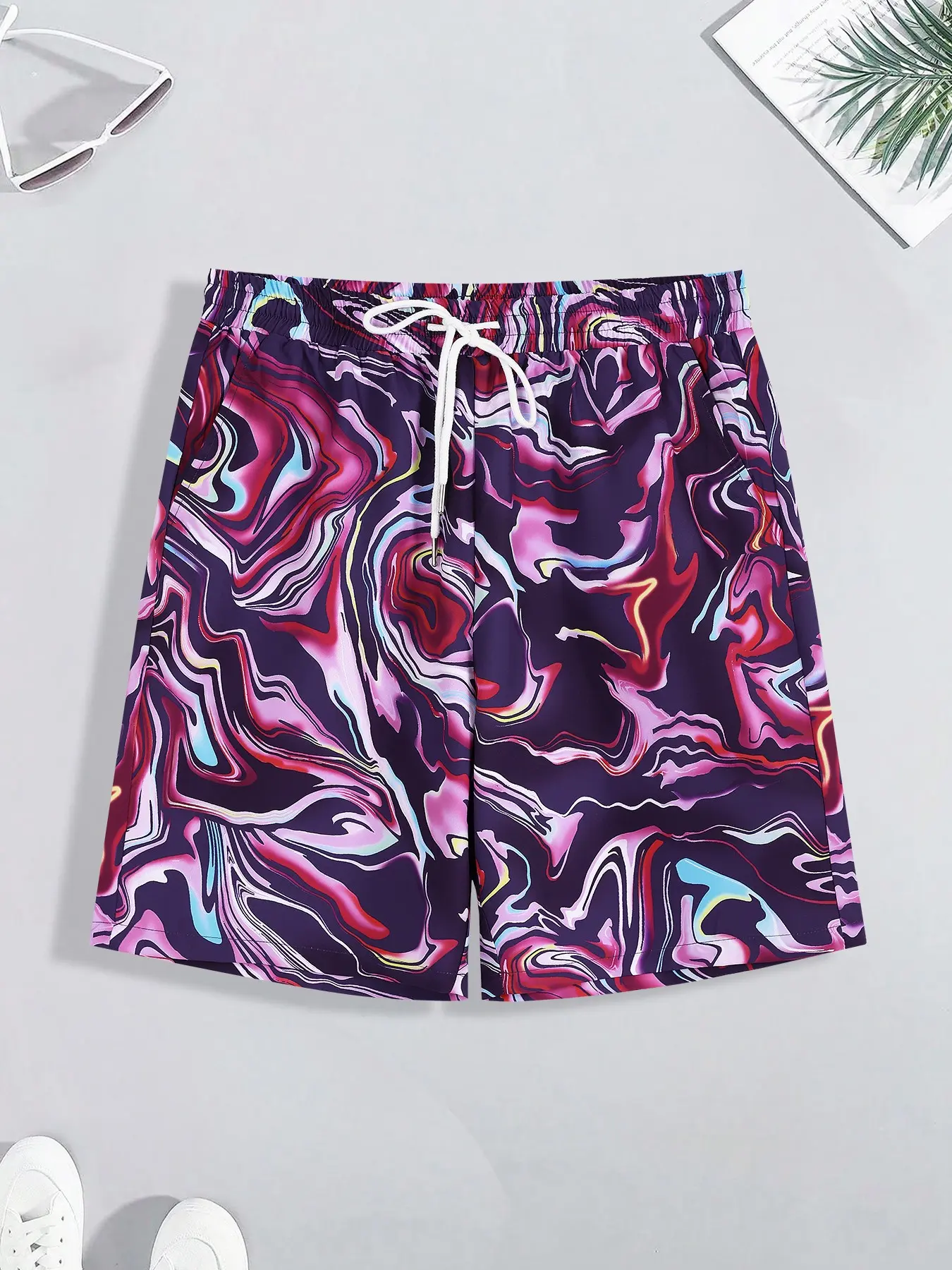 Men's Purple Marble Swirl Print Casual Shorts, Adjustable Drawstring Waist Lightweight Quick Dry Beach Shorts, High Street Shorts, Relaxed Fit for Travel, City Going Out, Summer Vacation & Streetwear