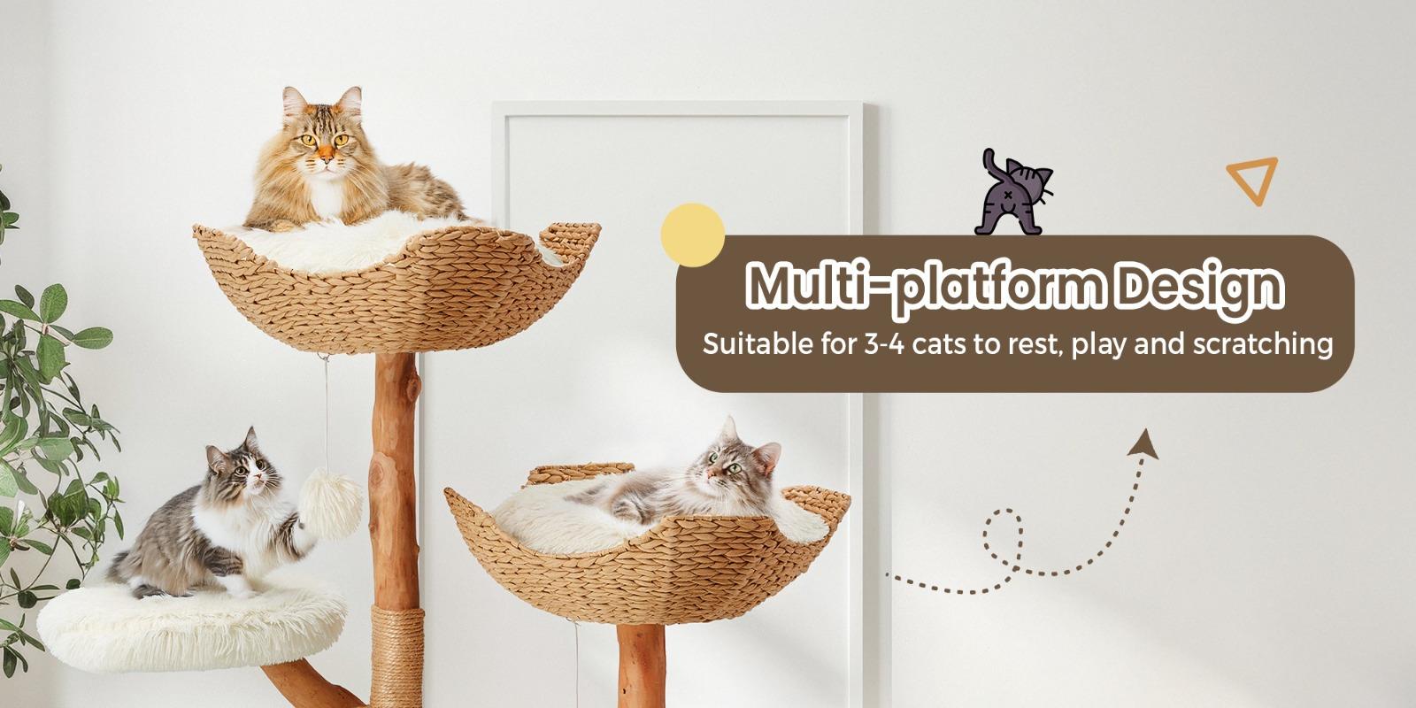 Natural Wood Tall Cat Tower - White Multi-level Design with Hand-woven Baskets & Cat Condo, Perfect for Indoor Cats Natural Wood Tall Cat Tower - White Multi-level Design with Hand-woven Baskets & Cat Condo, Perfect for Indoor Cats