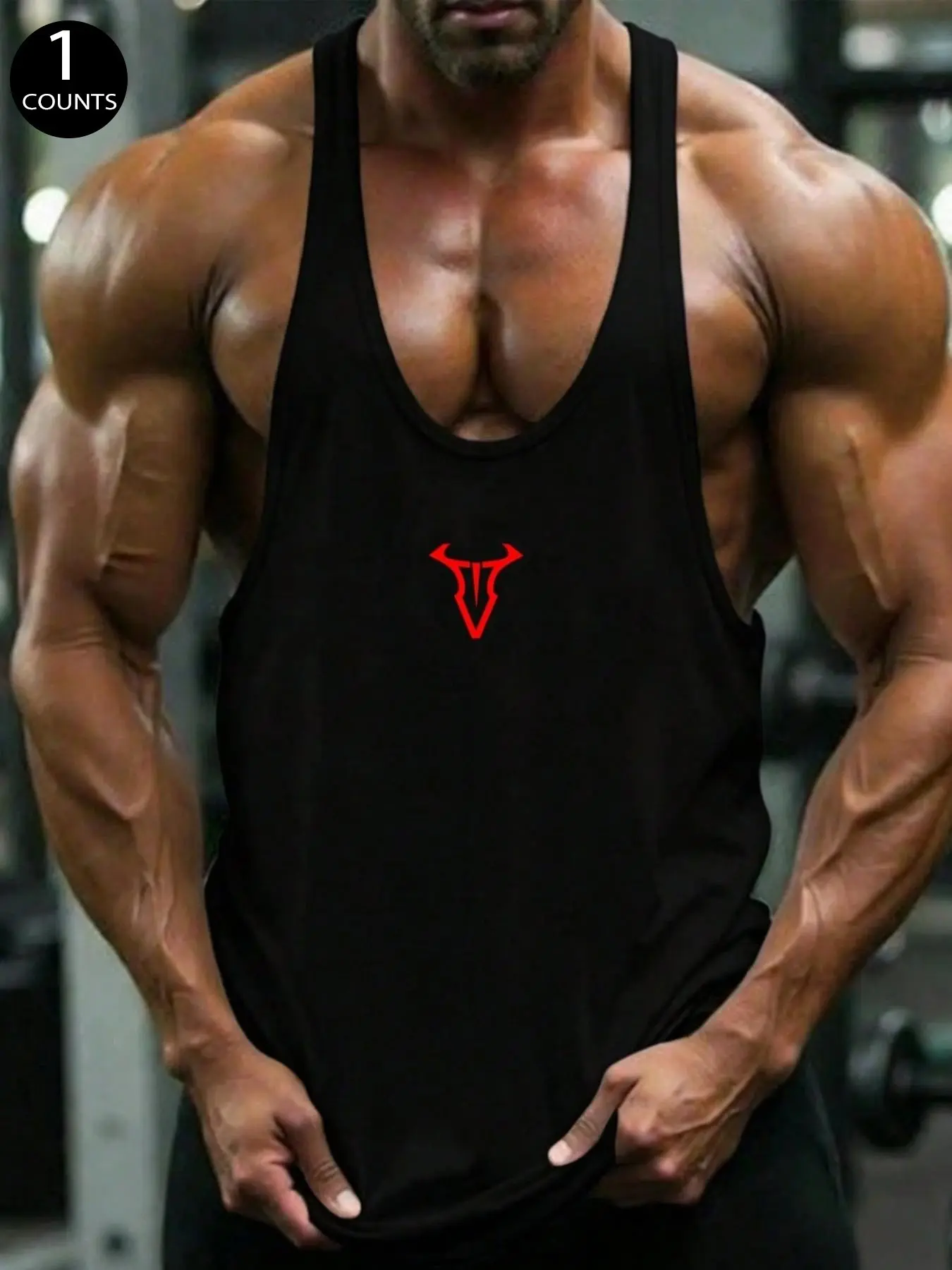 Men's Minimalist Printed Stringer Sports Tank Top, Deep U-Neck Breathable Cotton Blend Muscle Tank, Lightweight Moisture-Wicking Gym Shirt, Ideal for Bodybuilding, Workout, Light Outdoor & Urban Street Style, Dry Fit Vest