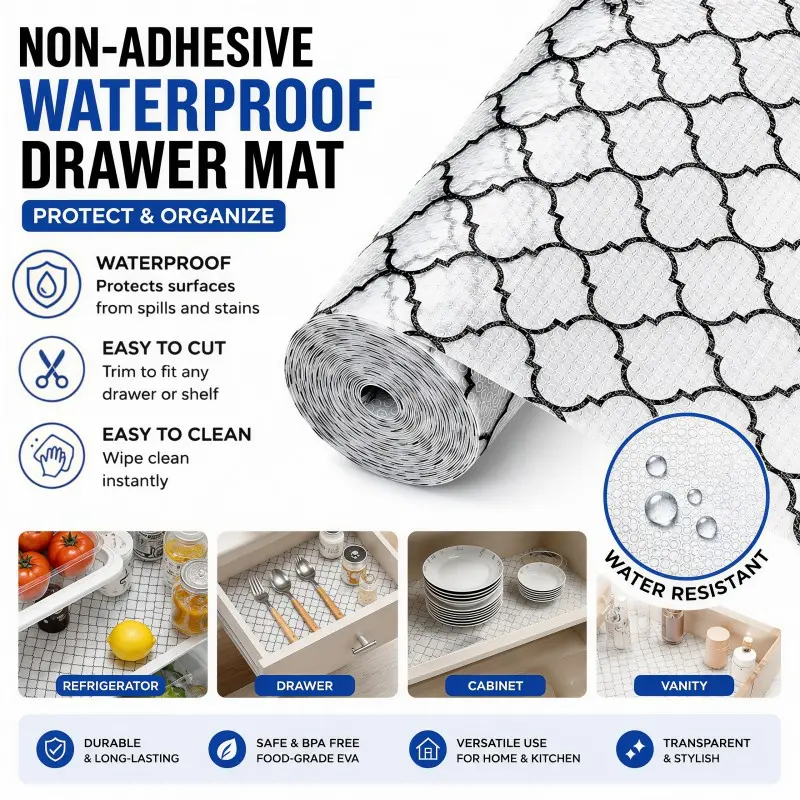 Non-Stick Waterproof Kitchen Drawer Liner, Eva Material, Easy to Cut, Washable, Oil-Resistant, Modern Pattern, for Cabinets, Fridge, Storage, Desk