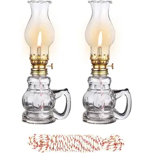 2PCS Glass Kerosene Oil Lamps, Vintage Oil Lamps for Indoor Home Lighting, Clear Hurricane Kerosene Lamp Lantern for Tabletop Decor
